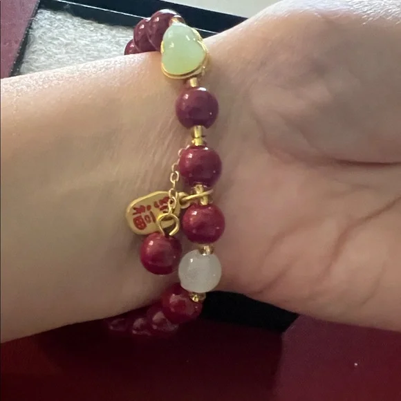 #1343=Red Beaded Stretch Bracelet with Jade Charm - Picture 4 of 6